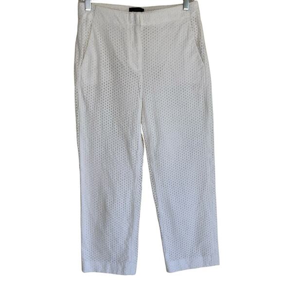 J.Crew Sz 0 White Eyelet Patio Pants Trousers Cropped Straight Preppy Elegant - Picture 2 of 16